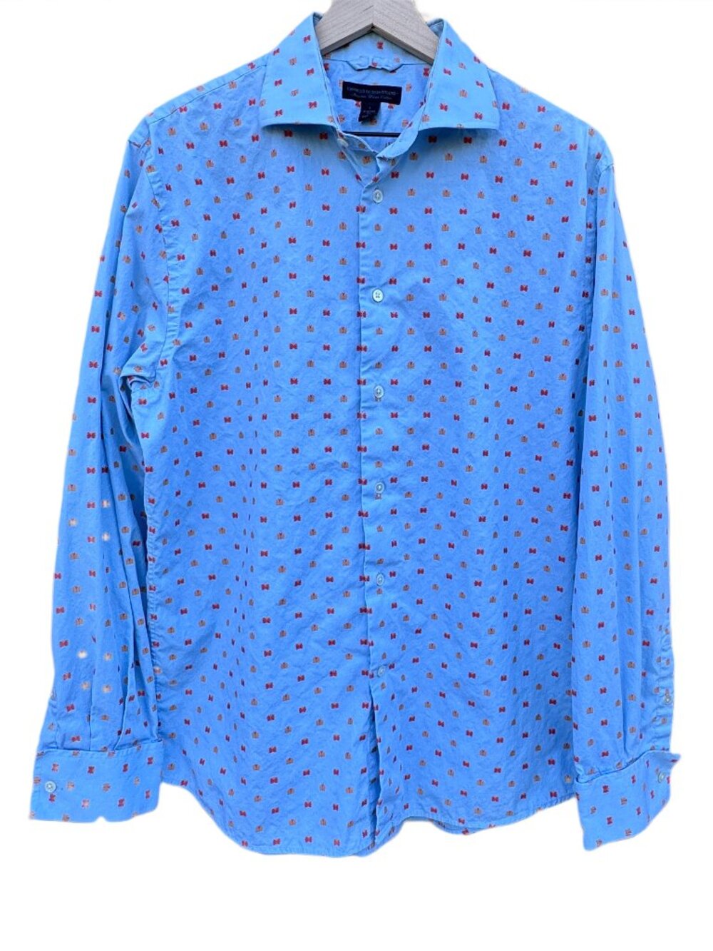 Express Shirt Men Large Blue Butterfly Print Classic Fit Premium Woven Cotton